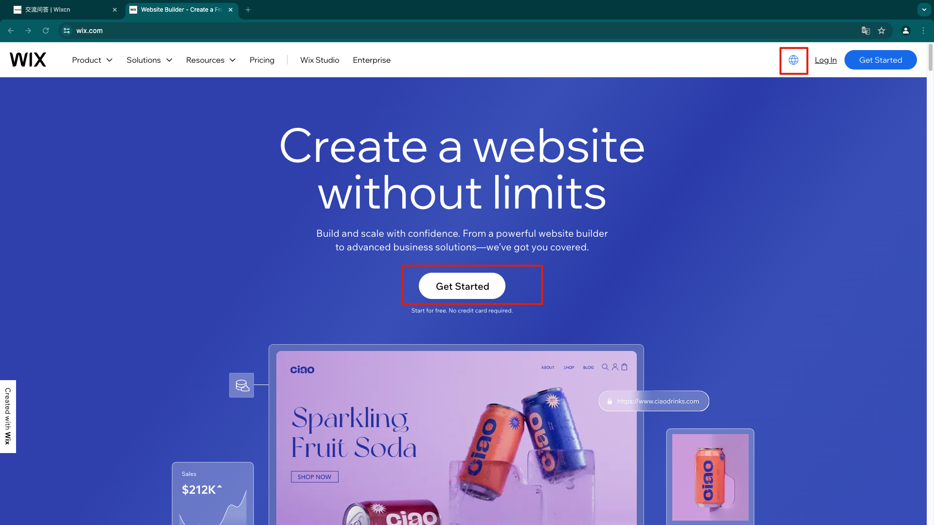 Wix 官网首页上的 Get Started 开始注册按钮