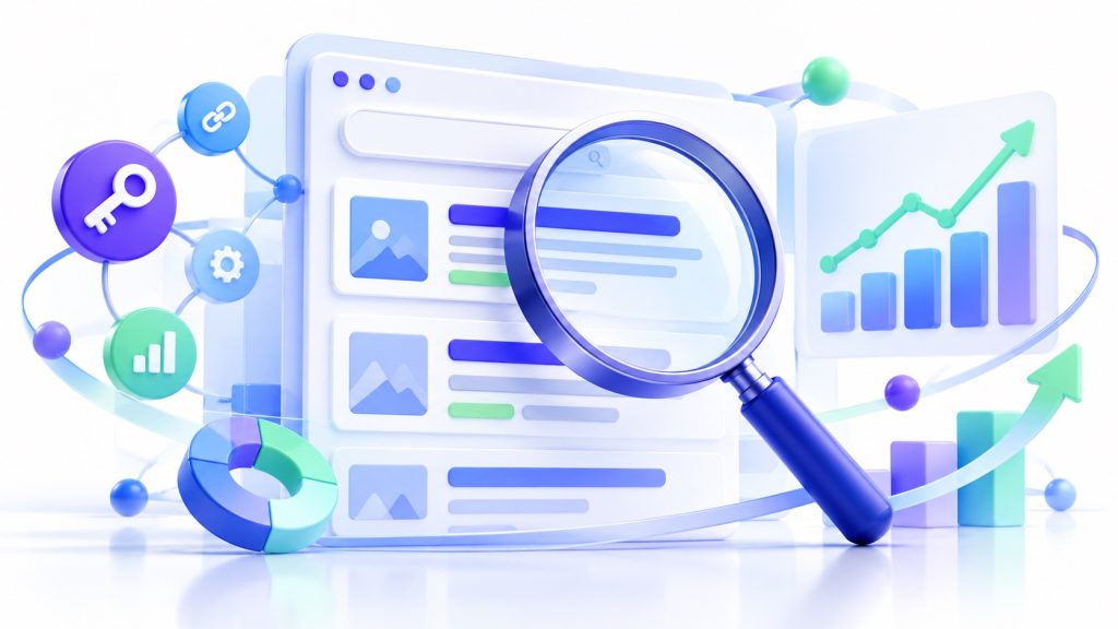 搜索结果、放大镜和增长图表组成的 SEO 示意图