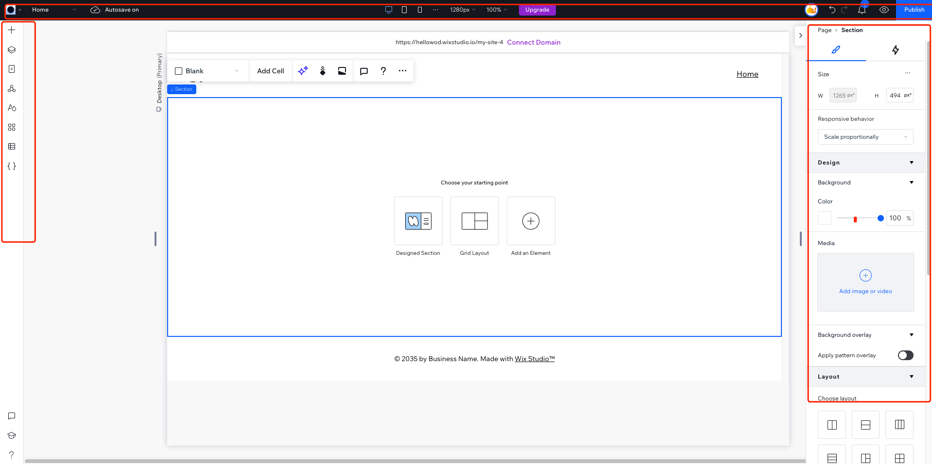 Wix Studio 工作区总览,包含顶部工具栏、左侧面板和画布