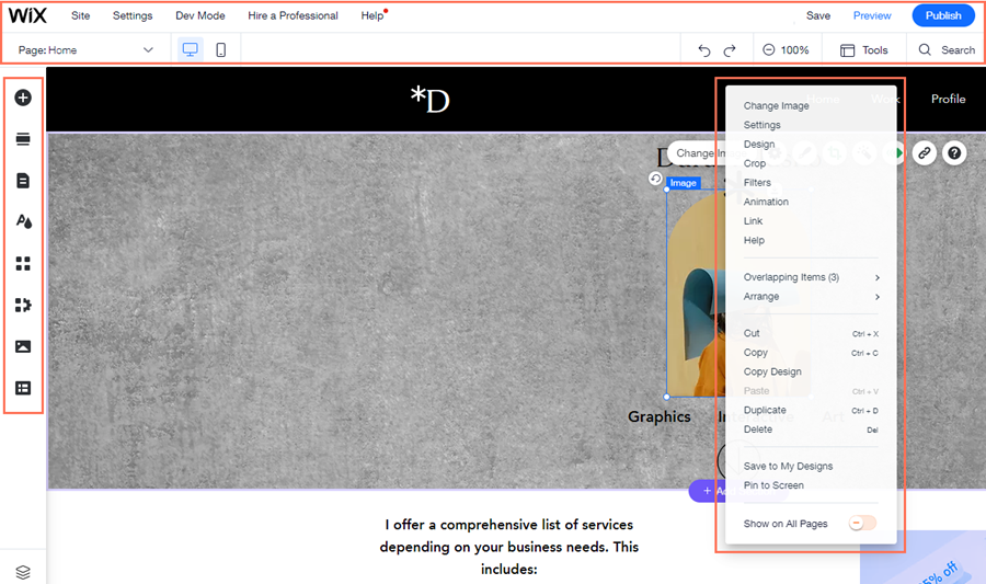 经典 Wix Editor 页面编辑界面示例